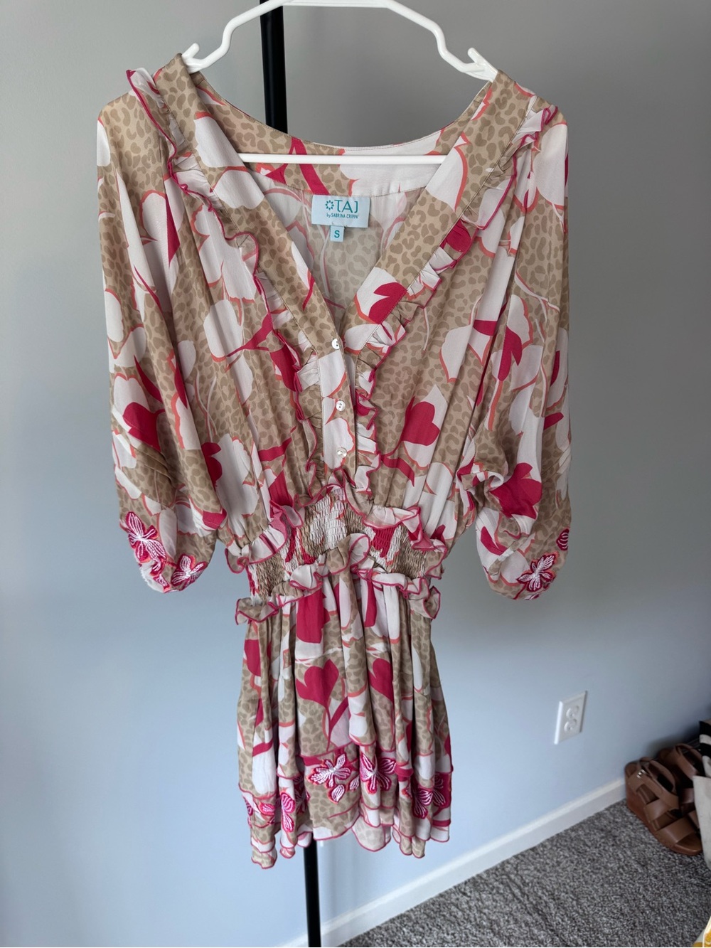TAJ by Sabrina Crippa Pink and Tan Floral Ruffle Mini Dress